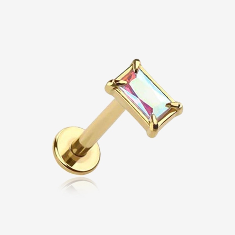 Golden Baguette Prong Set Sparkle Top Internally Threaded Labret Flat Back Stud 16 GA (1.2mm), 1/4″ (6mm)