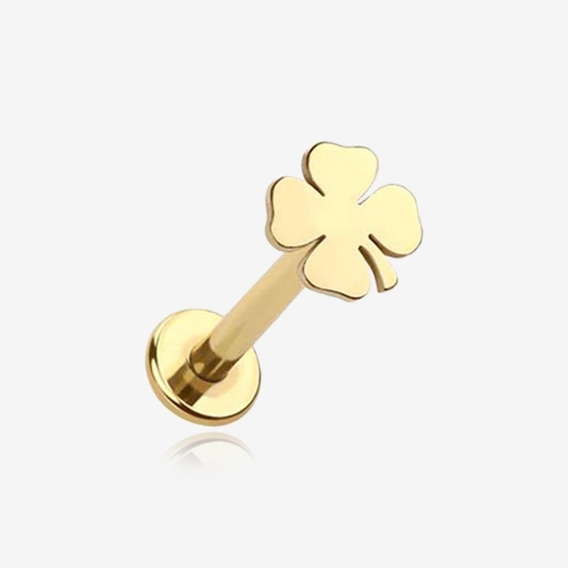 Golden Lucky Charm Clover Top Internally Threaded Labret Flat Back Stud 16 GA (1.2mm), 1/4″ (6mm)
