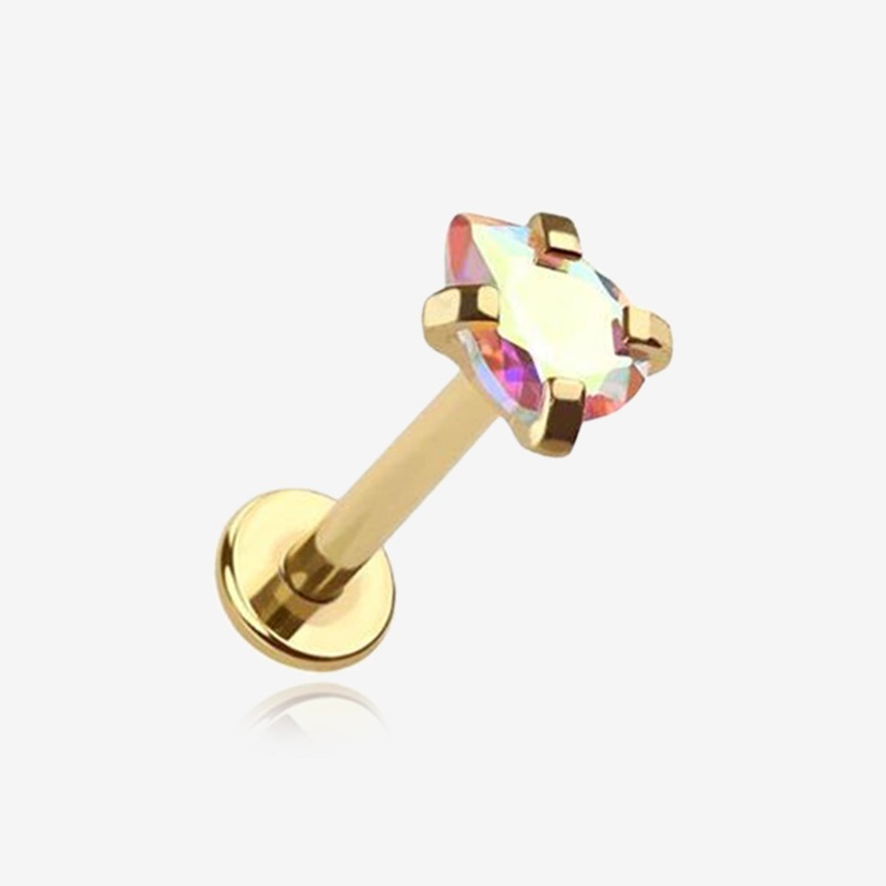 Golden Teardrop Prong Set Sparkle Top Internally Threaded Labret Flat Back Stud 16 GA (1.2mm), 1/4″ (6mm)
