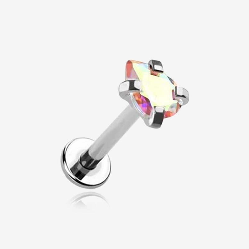 Teardrop Prong Set Sparkle Top Internally Threaded Labret Flat Back Stud 16 GA (1.2mm), 1/4″ (6mm)
