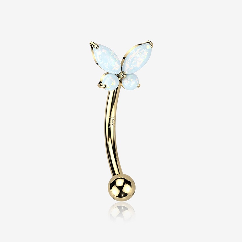14 Karat Gold Prong Set Marquise Butterfly Fire Opal Sparkle Curved Barbell