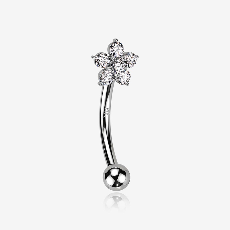 14 Karat White Gold Prong Set Brilliant Flower Gem Sparkle Curved Barbell