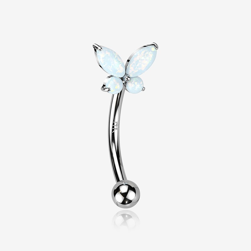 14 Karat White Gold Prong Set Marquise Butterfly Fire Opal Sparkle Curved Barbell