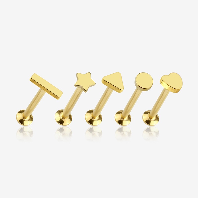 5 Pcs of Assorted Style Golden Minimalistic Internally Threaded Labret Flat Back Stud Package 16 GA (1.2mm), 1/4″ (6mm)