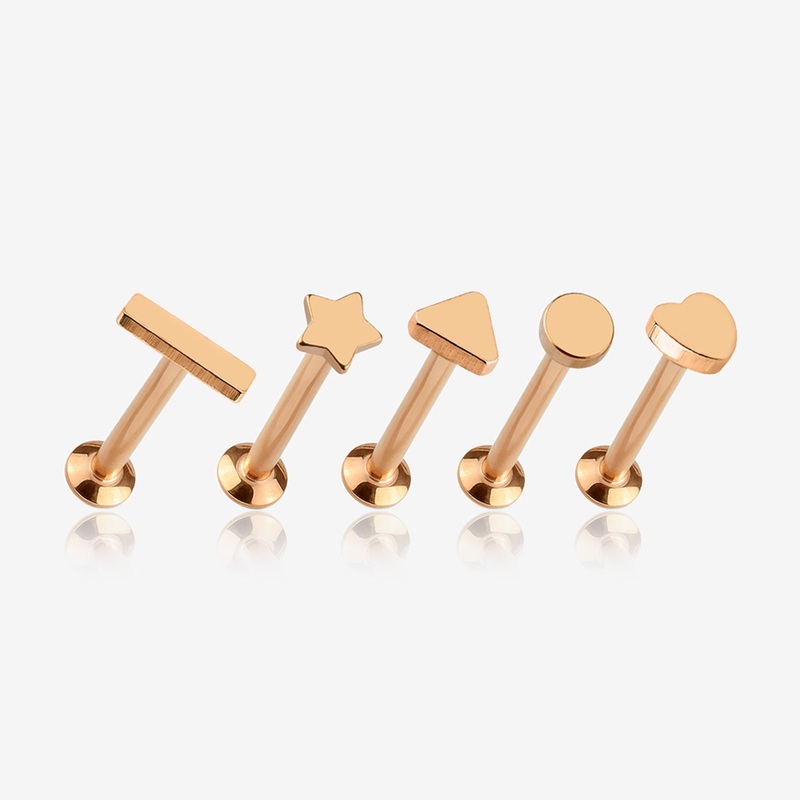 5 Pcs of Assorted Style Rose Gold Minimalistic Internally Threaded Labret Flat Back Stud Package 16 GA (1.2mm), 1/4″ (6mm)