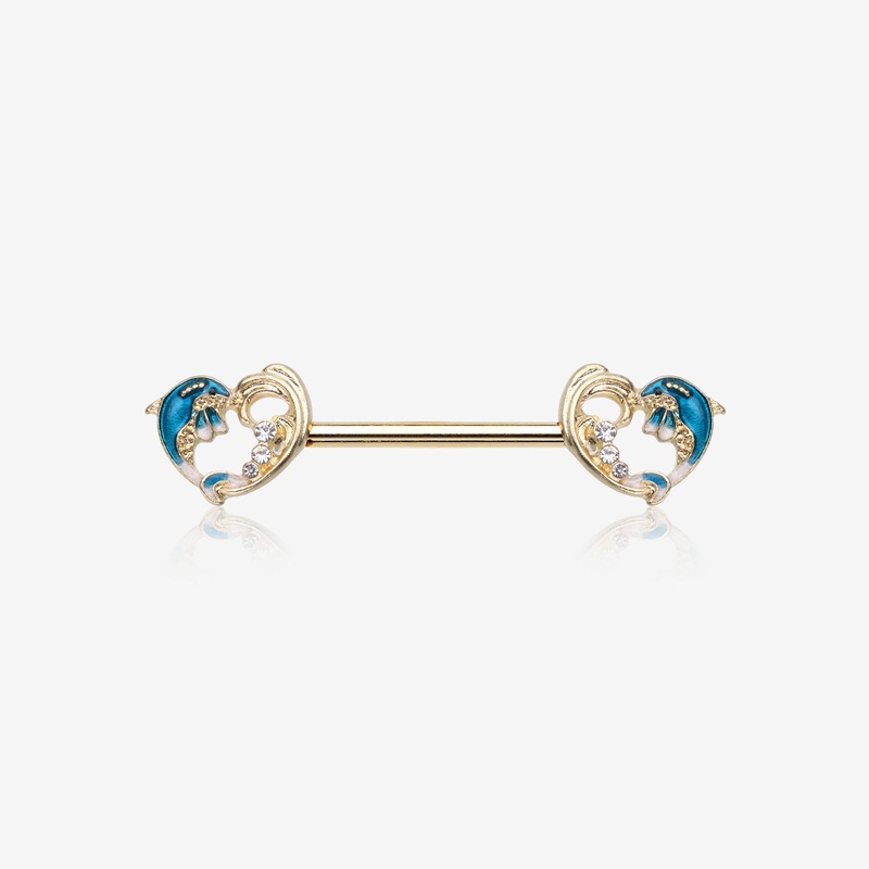 A Pair of Golden Blue Dolphin Wave Heart Sparkle Nipple Barbell 14 GA (1.6mm), 1/2″ (12mm)