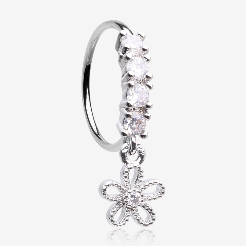 Adorable Hollow Flower Sparkle Dangle Multi-Gem Lined Bendable Hoop Ring
