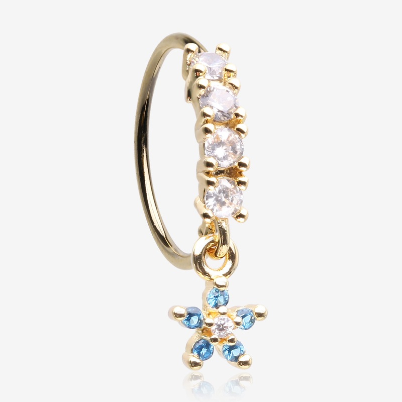 Golden Magnificent Flower Sparkle Dangle Multi-Gem Lined Bendable Hoop Ring