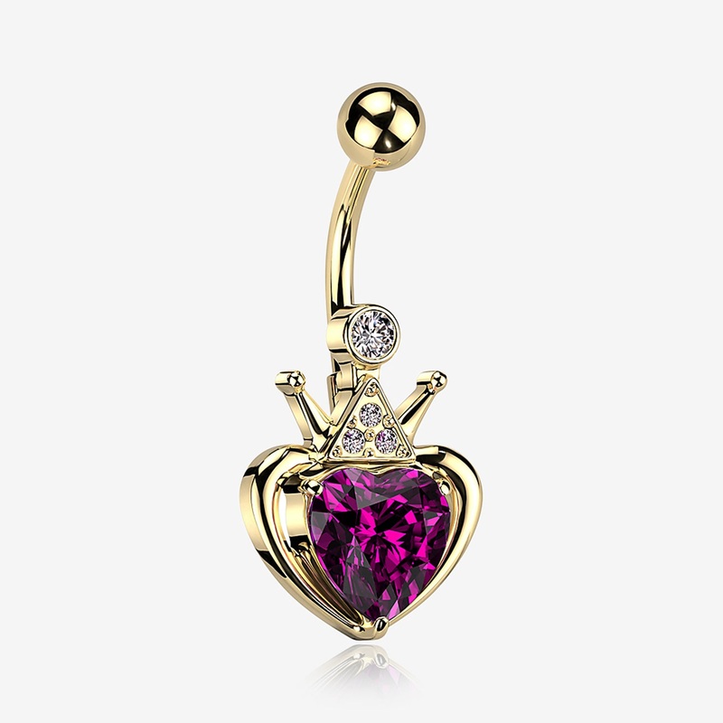 Golden Majestic Queen’s Crown Heart Sparkle Belly Button Ring