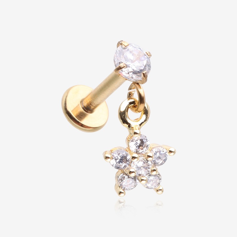 Golden Sparkle Spring Flower Dangle Internally Threaded Labret Flat Back Stud