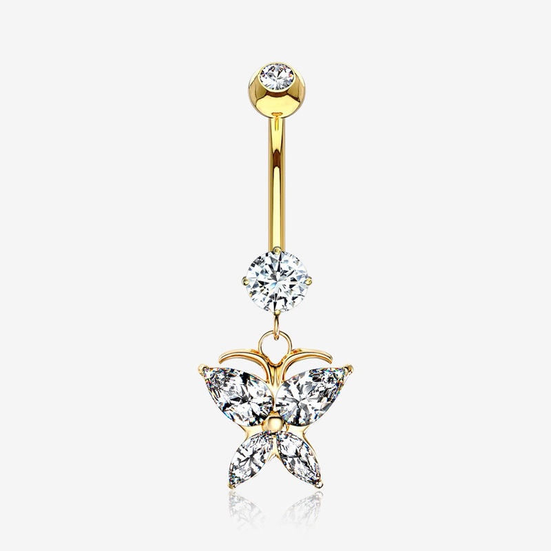 14 Karat Gold Grand Butterfly Marquise Sparkle Dangle Belly Button Ring