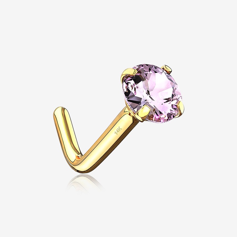 14 Karat Gold Prong Set Gem Top L-Shaped Nose Ring
