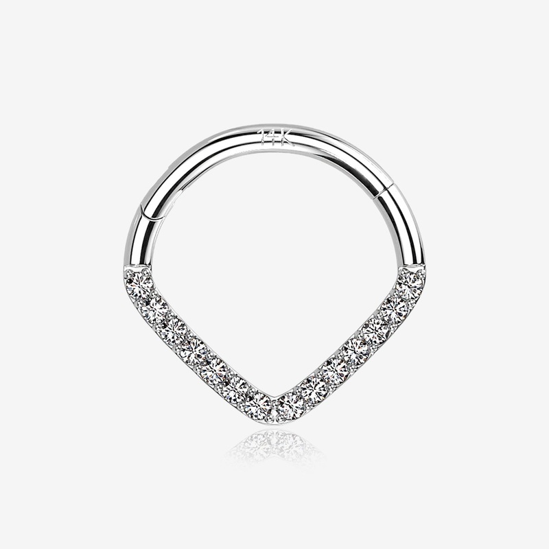 14 Karat White Gold Brilliant Sparkle Chevron Clicker Hoop Ring 16 GA (1.2mm), 1/4″ (6mm)
