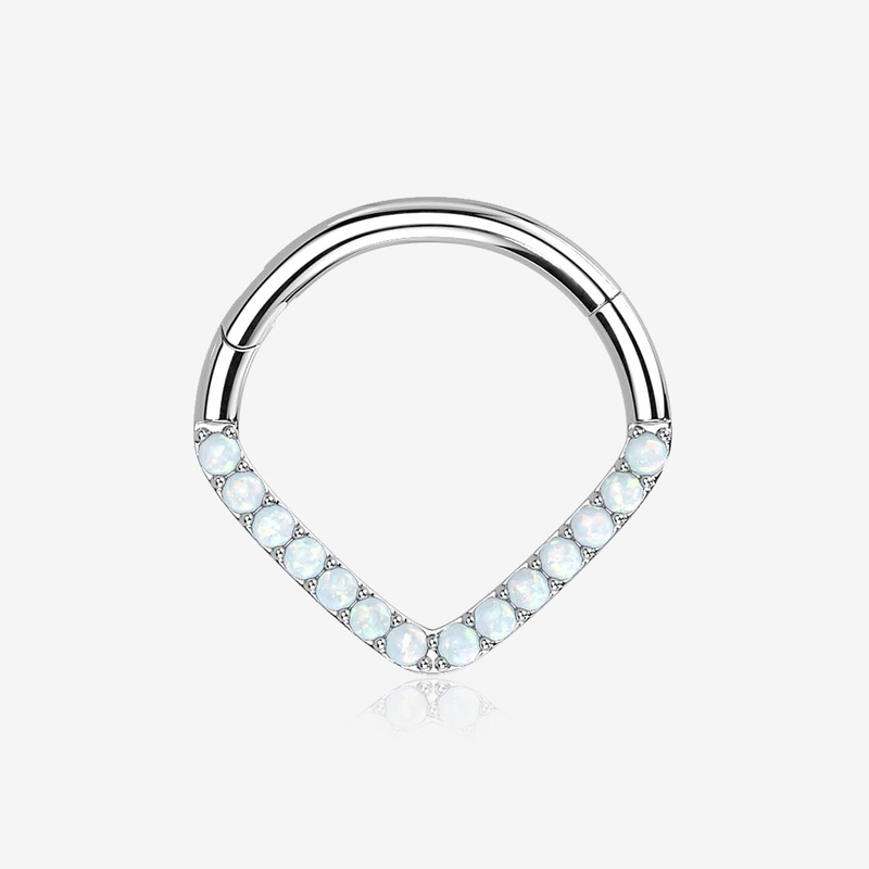 14 Karat White Gold Fire Opal Sparkle Chevron Clicker Hoop Ring 16 GA (1.2mm), 1/4″ (6mm)