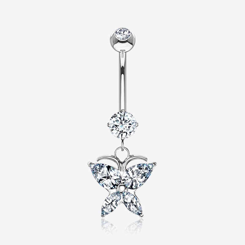 14 Karat White Gold Grand Butterfly Marquise Sparkle Dangle Belly Button Ring