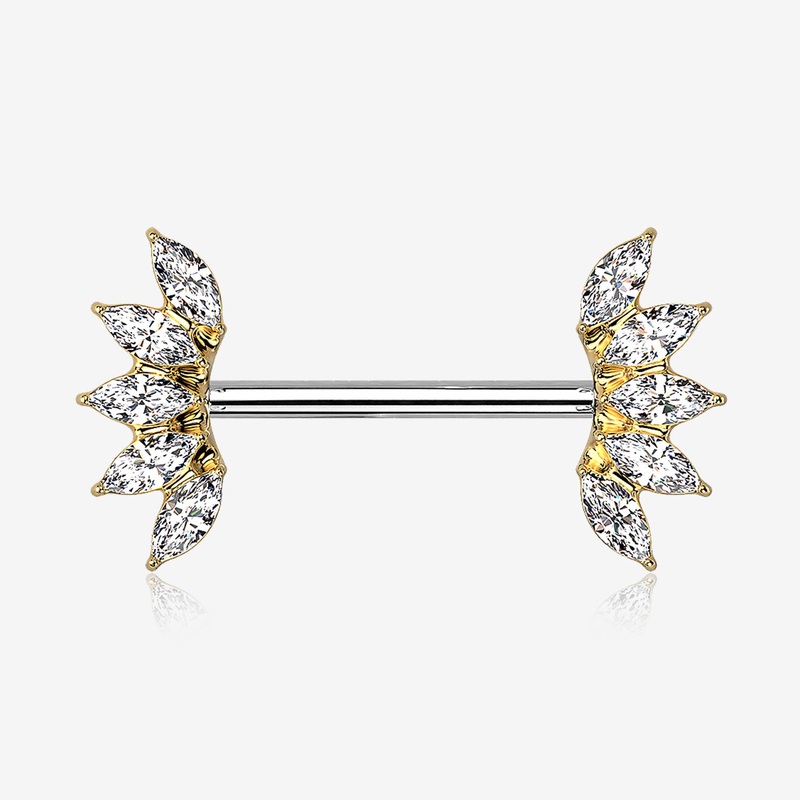 A Pair of Golden Brilliant Marquise Sparkle Floral Nipple Barbell