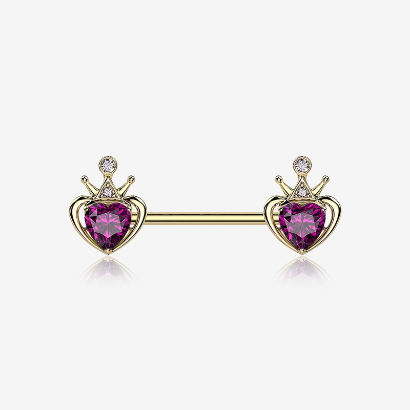 A Pair of Golden Majestic Queen’s Crown Heart Sparkle Nipple Barbell 14 GA (1.6mm), 1/2″ (12mm)