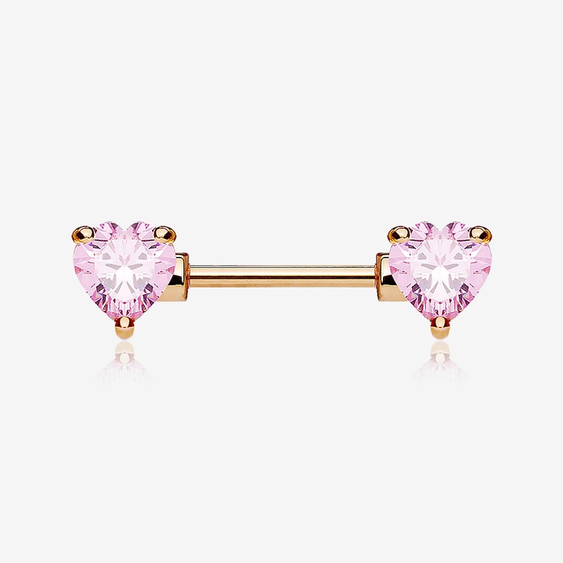 A Pair of Rose Gold Double Heart Gem Nipple Barbell Ring 14 GA (1.6mm), 1/2″ (12mm)