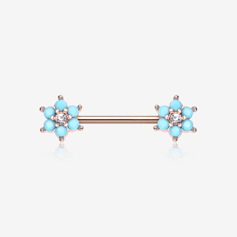 A Pair of Rose Gold Turquoise Spring Flower Sparkle Nipple Barbell 14 GA (1.6mm), 1/2″ (12mm)