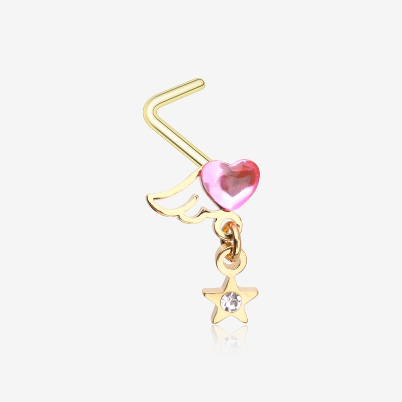 Golden Angel Heart Sparkle Star Dangle L-Shaped Nose Ring