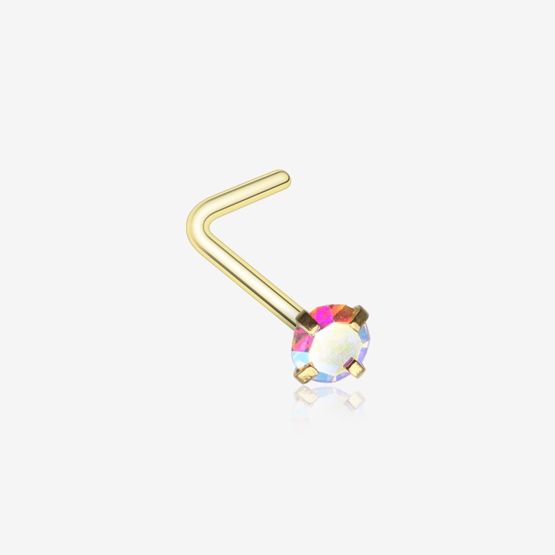 Golden Iridescent Sparkle Gem Prong Set L-Shaped Nose Ring 20 GA (0.8mm), 9/32″ (7mm), Gem: 2mm