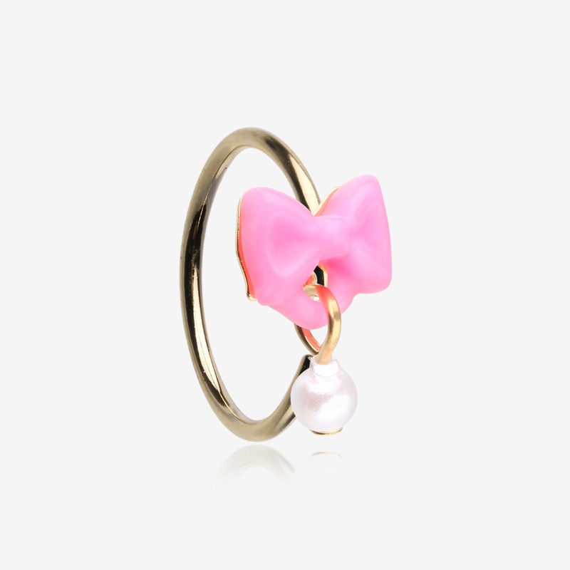 Golden Kawaii Pop Bow-Tie Pearl Dangle Bendable Hoop Ring 20 GA (0.8mm), 5/16″ (8mm)