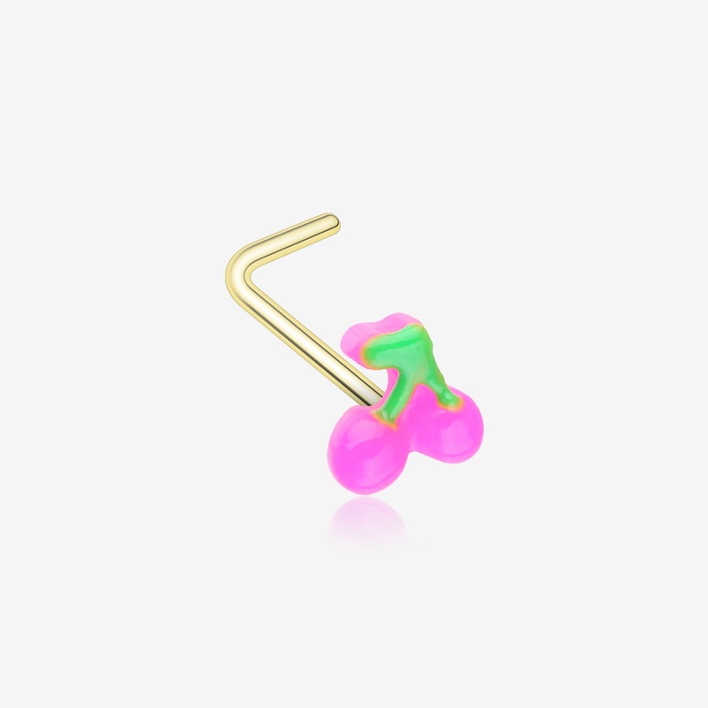Golden Kawaii Pop Juicy Pink Cherry L-Shaped Nose Ring 20 GA (0.8mm), 9/32″ (7mm)