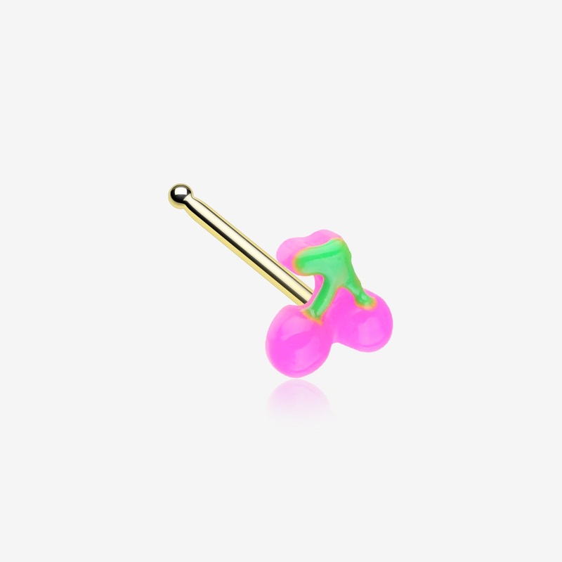 Golden Kawaii Pop Juicy Pink Cherry Nose Stud Ring 20 GA (0.8mm), 9/32″ (7mm)