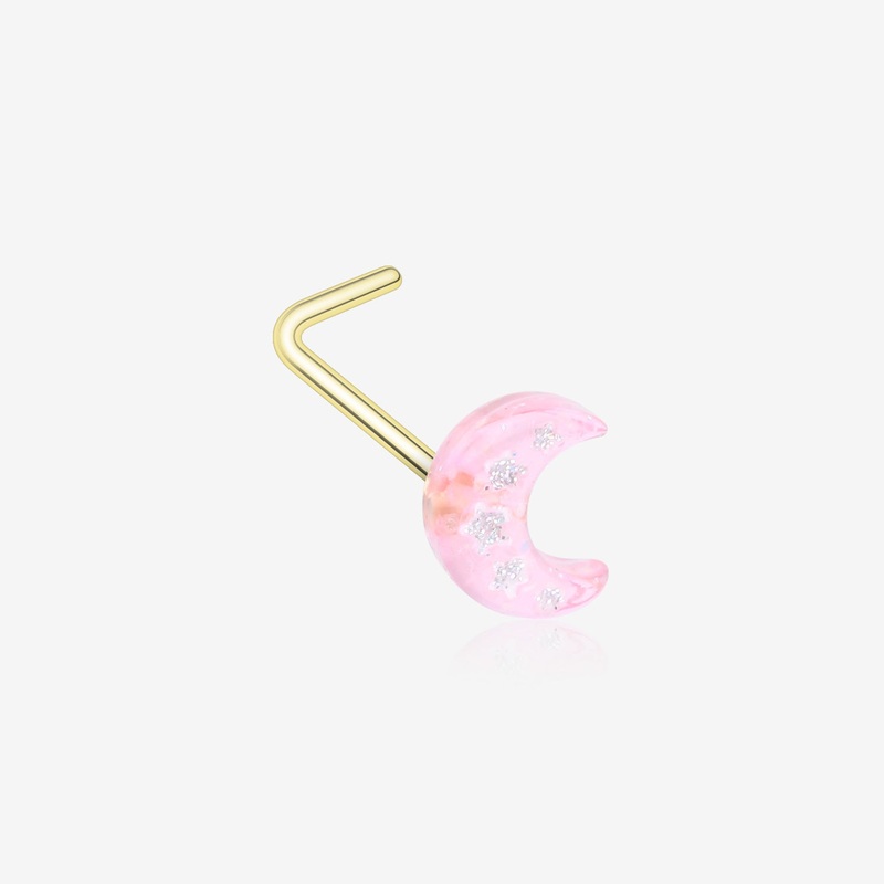 Golden Kawaii Pop Moon Glitter Sparkle L-Shaped Nose Ring 20 GA (0.8mm), 9/32″ (7mm)