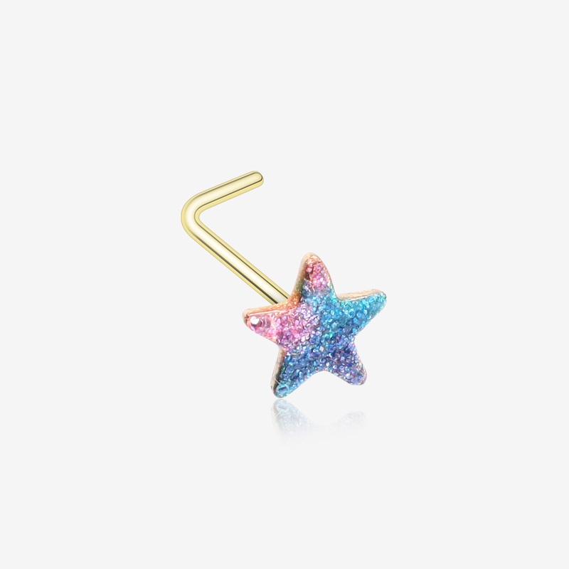 Golden Kawaii Pop Star Iridescent Sparkle L-Shaped Nose Ring 20 GA (0.8mm), 9/32″ (7mm)