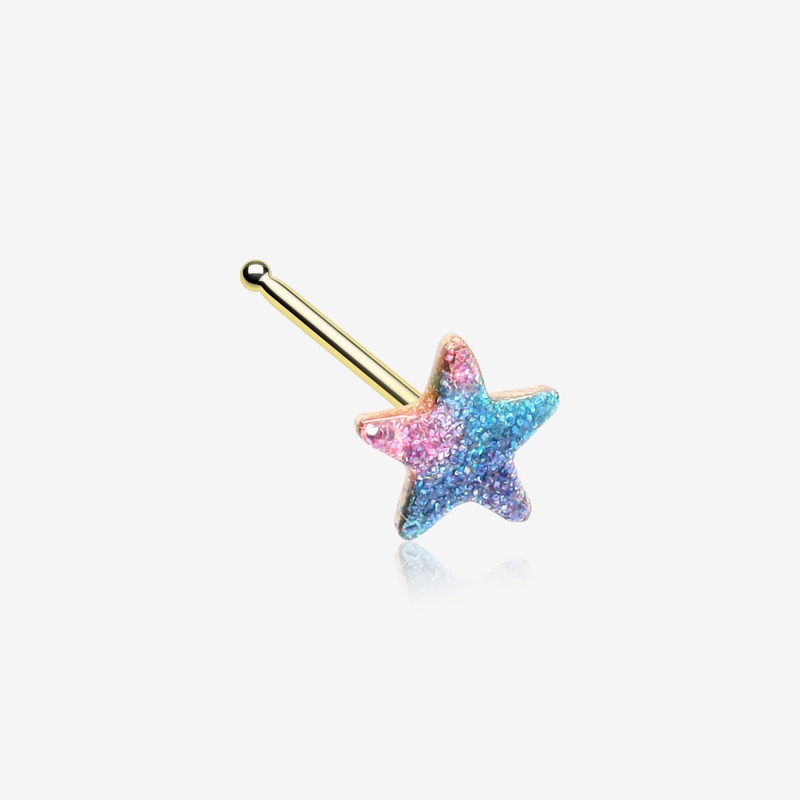 Golden Kawaii Pop Star Iridescent Sparkle Nose Stud Ring 20 GA (0.8mm), 9/32″ (7mm)
