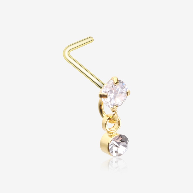 Golden Prong Gem Sparkle Dangle L-Shaped Nose Ring