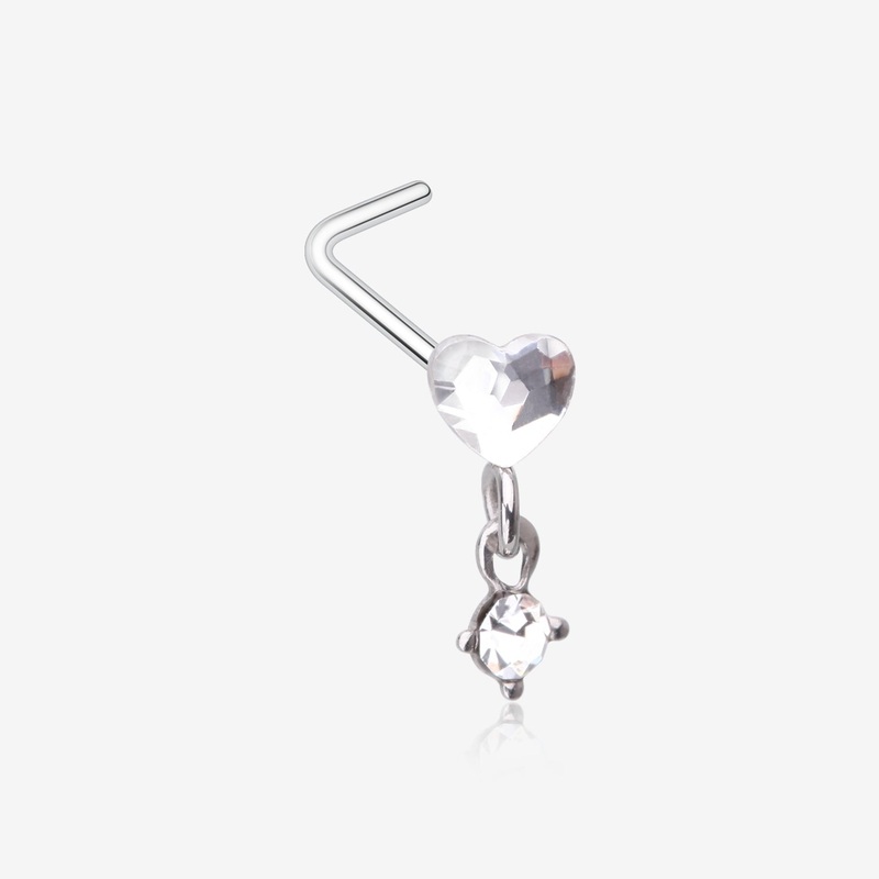 Heart Gem Sparkle Dangle L-Shaped Nose Ring