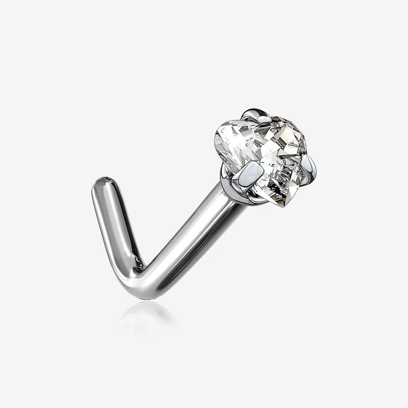 Implant Grade Titanium Prong Set Heart Gem Top L-Shaped Nose Ring 20 GA (0.8mm), 1/4″ (6mm), Gem: 3mm