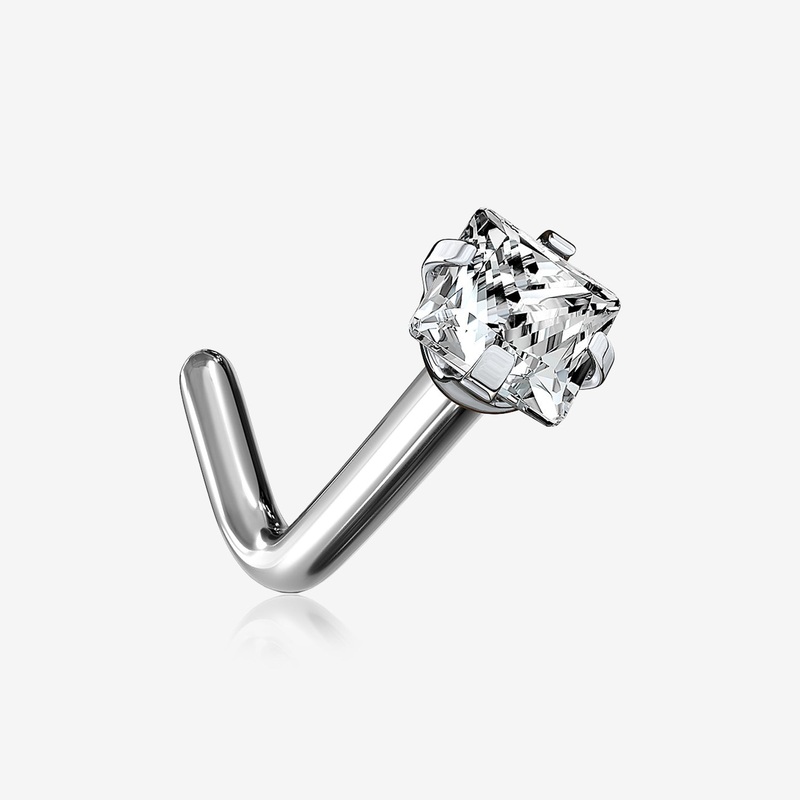 Implant Grade Titanium Prong Set Square Gem Top L-Shaped Nose Ring 20 GA (0.8mm), 1/4″ (6mm), Gem: 2mm