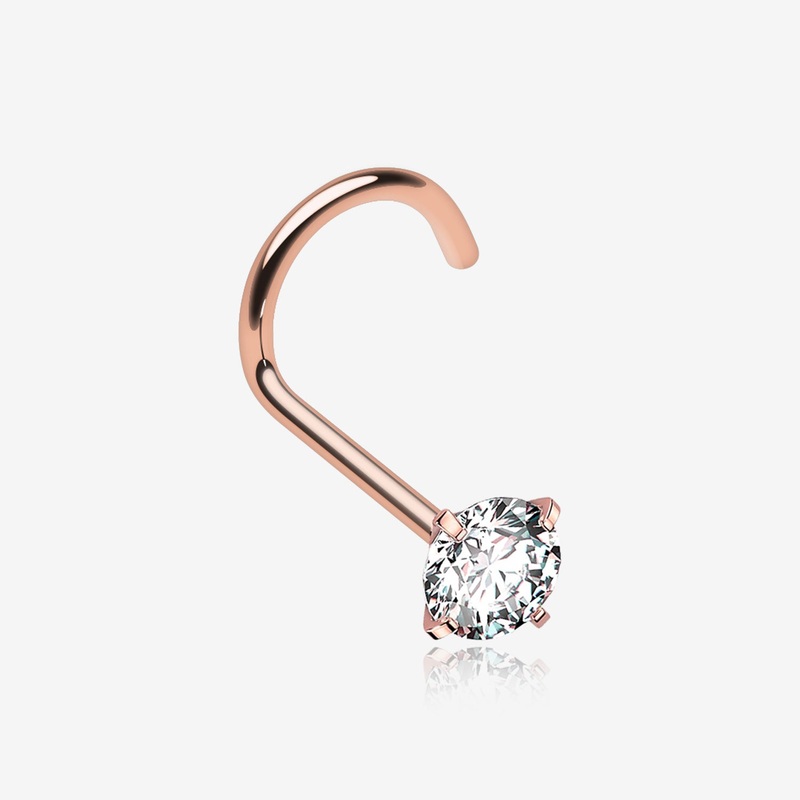 Implant Grade Titanium Rose Gold Gem Sparkle Prong Set Top Nose Screw Ring 20 GA (0.8mm), 1/4″ (6mm), Gem: 2mm