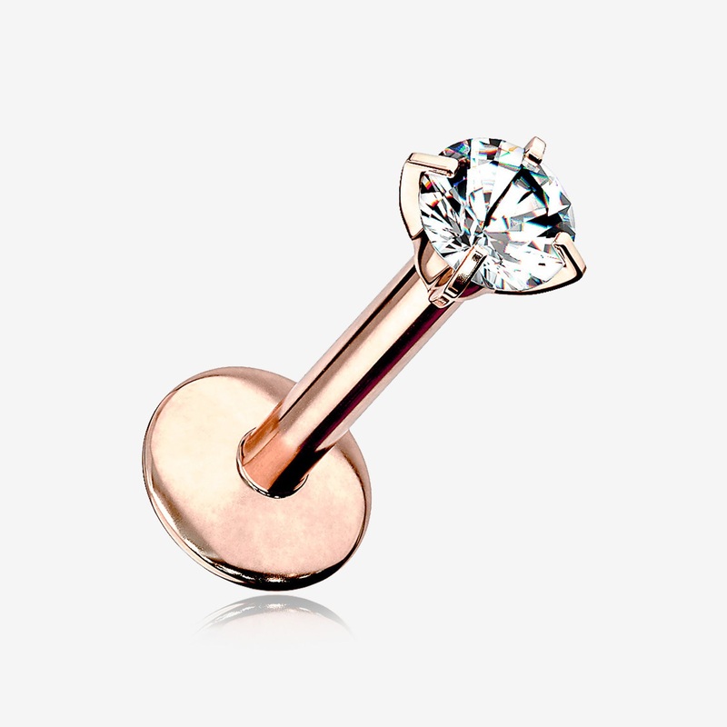 Implant Grade Titanium Rose Gold Internally Threaded Gem Sparkle Prong Set Labret 16 GA (1.2mm), 1/4″ (6mm), Gem: 3mm