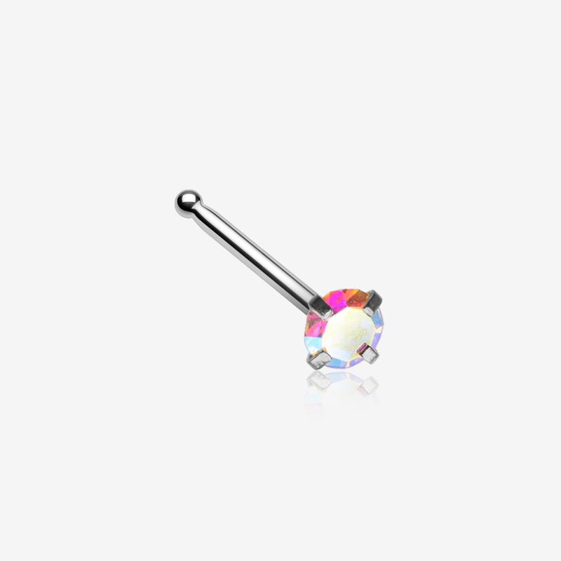 Iridescent Sparkle Gem Prong Set Nose Stud Ring 20 GA (0.8mm), 9/32″ (7mm), Gem: 2mm