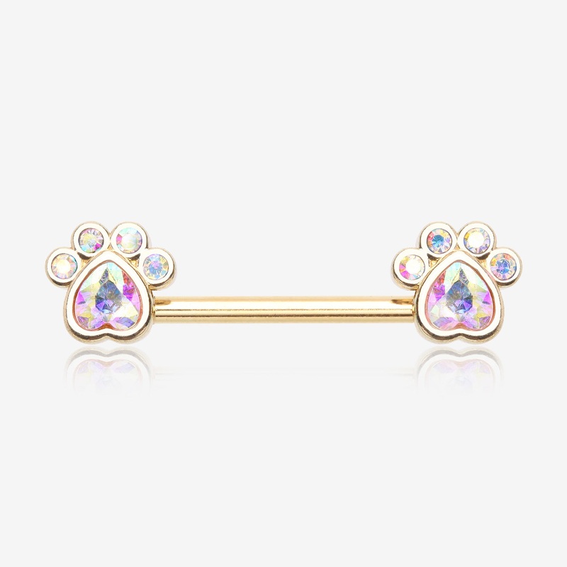 A Pair of Golden Sparkle Adorable Paws Nipple Barbell 14 GA (1.6mm), 1/2″ (12mm)