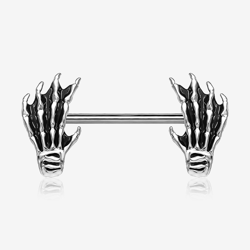 A Pair of Skeleton Hands of Death Steel Nipple Barbell 14 GA (1.6mm), 1/2″ (12mm)