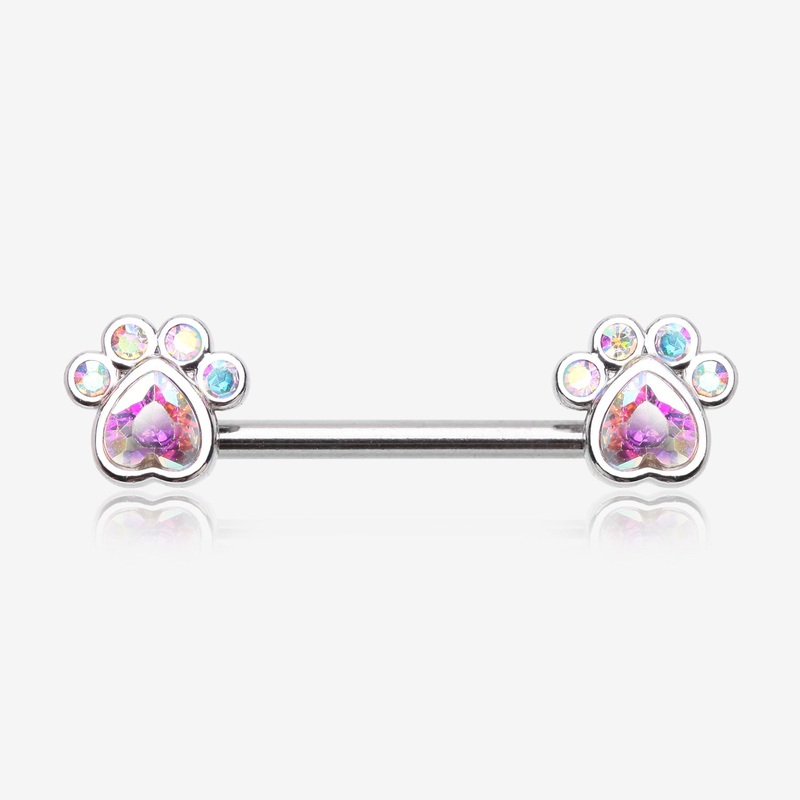 A Pair of Sparkle Adorable Paws Nipple Barbell 14 GA (1.6mm), 1/2″ (12mm)