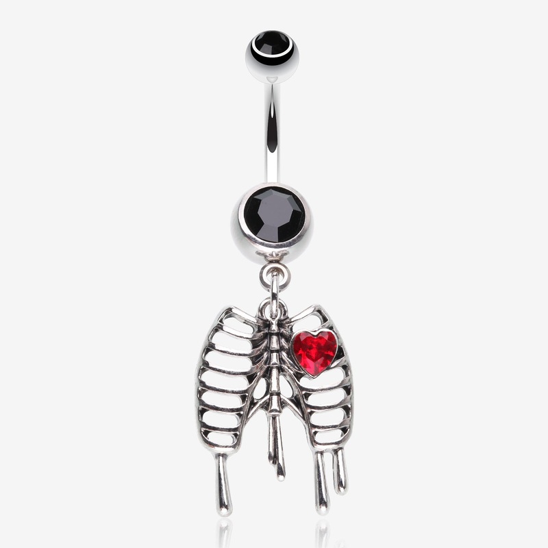 Dripping Ribcage Skeleton Heart Sparkle Belly Button Ring