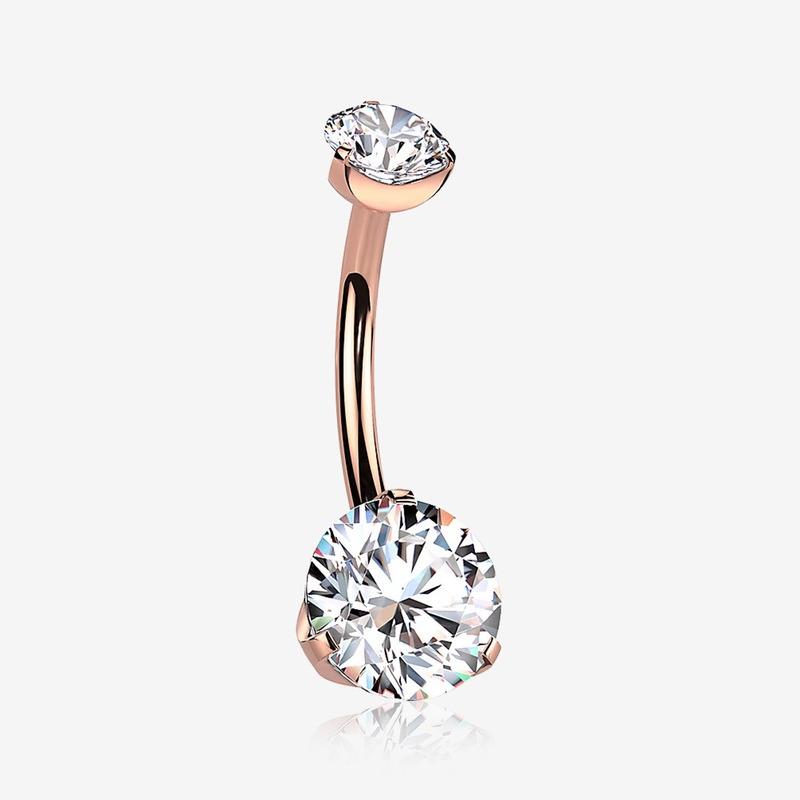 Implant Grade Titanium Rose Gold Internally Threaded Prong Set Belly Button Ring 14 GA (1.6mm), 3/8″ (10mm), Ball: 4x6mm
