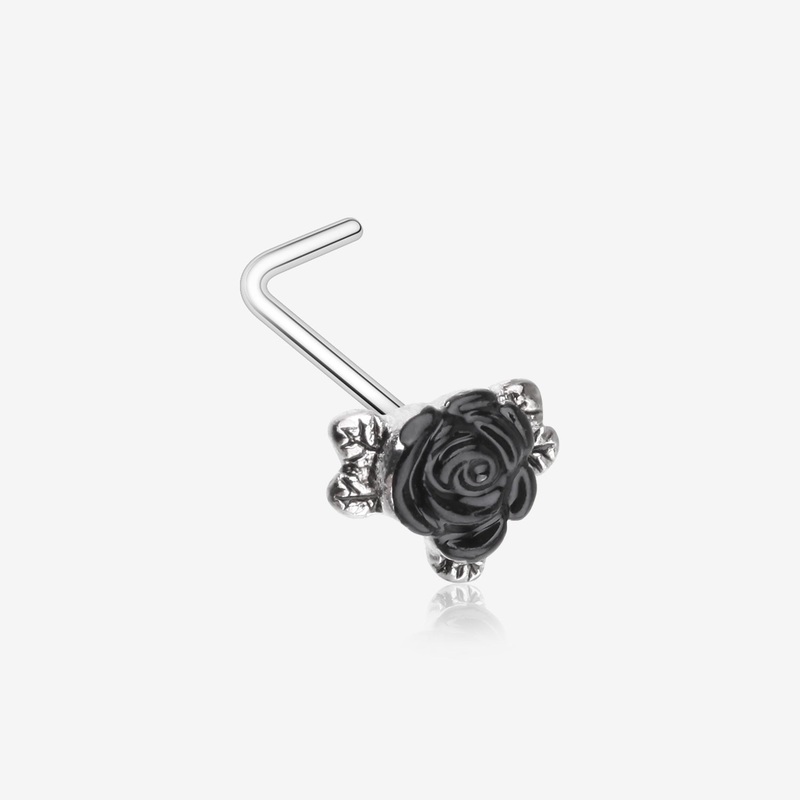 Vintage Gothic Black Rose L-Shaped Nose Ring 20 GA (0.8mm), 9/32″ (7mm)