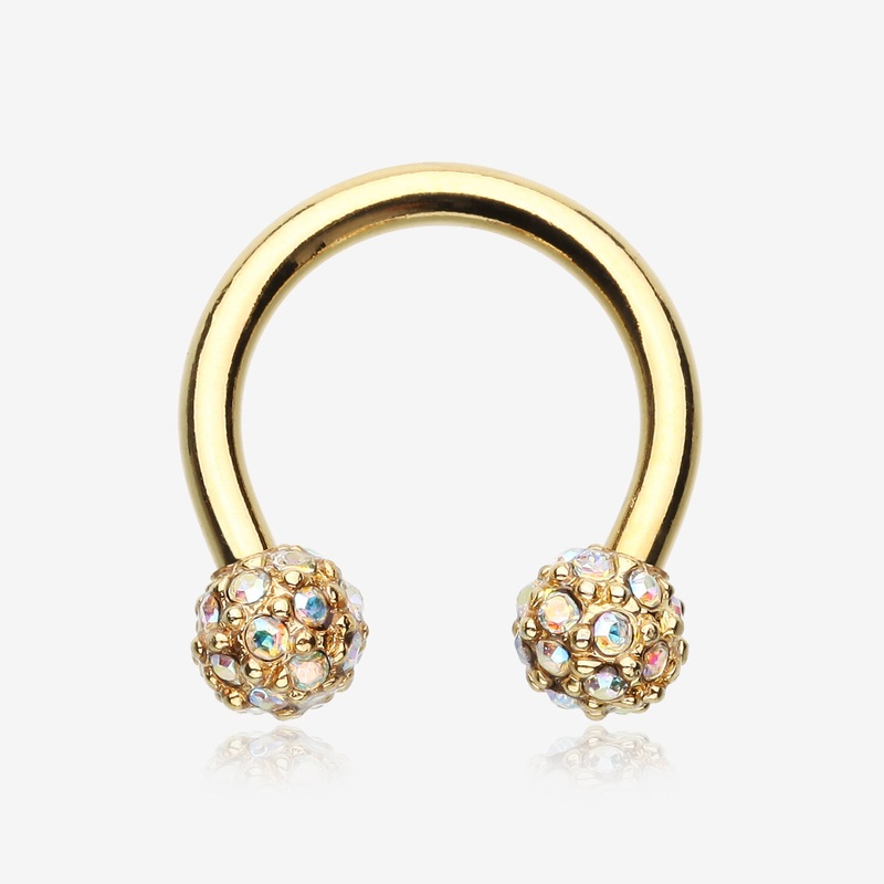 Golden Pave Sparkle Full Dome Horseshoe Circular Barbell 16 GA (1.2mm), 3/8″ (10mm), Ball: 4mm