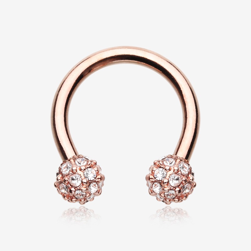Rose Gold Pave Sparkle Full Dome Horseshoe Circular Barbell 16 GA (1.2mm), 3/8″ (10mm), Ball: 4mm