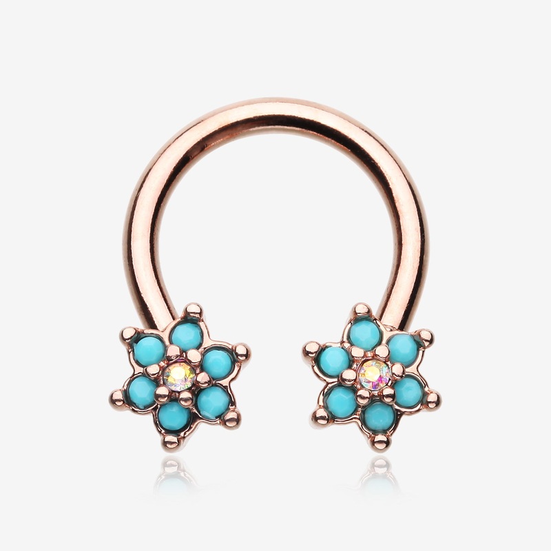 Rose Gold Turquoise Spring Flower Sparkle Horseshoe Circular Barbell 16 GA (1.2mm), 3/8″ (10mm)