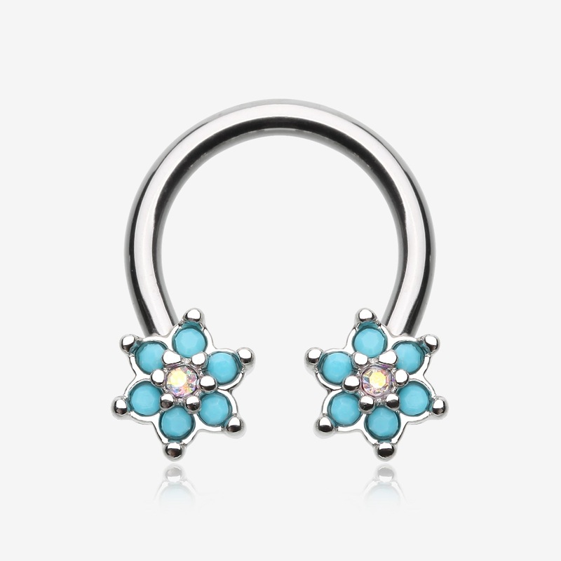 Turquoise Spring Flower Sparkle Horseshoe Circular Barbell 16 GA (1.2mm), 3/8″ (10mm)