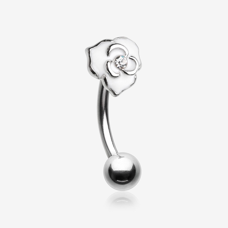 White Rose Blossom Sparkle Curved Barbell Ring