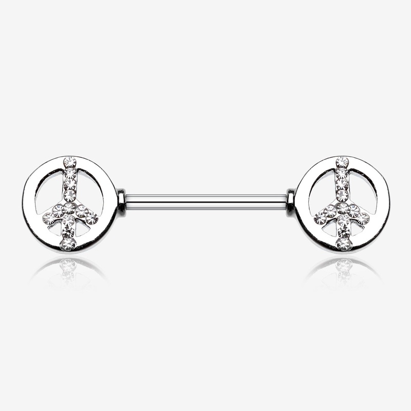 A Pair of Bling Peace Nipple Barbell Ring 14 GA (1.6mm), 1/2″ (12mm)